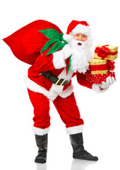 Happy Christmas Santa with gifts. Over white background.