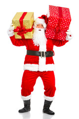 Happy Christmas Santa with gifts. Over white background.