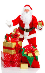 Happy Christmas Santa with gifts. Over white background.