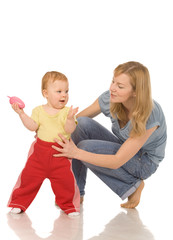 mother and daughter isolated on a white background