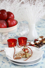 Fototapeta na wymiar Christmas table setting in white and red tone