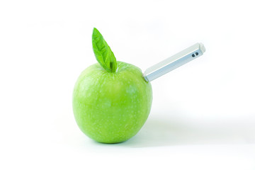 abstract green apple with usb unit plugin on white background