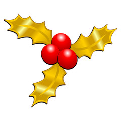 Golden Christmas holly isolated over white background