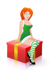 Elfe en robe verte assise sur un cadeau (reflet)