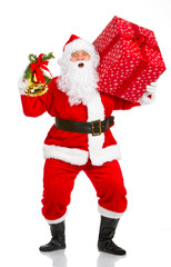 Happy Christmas Santa with gifts. Over white background.