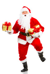 Happy Christmas Santa with gifts. Over white background.