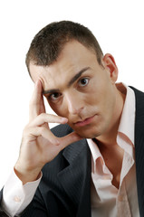 Young Caucasian  man in black looking to camera  isolated