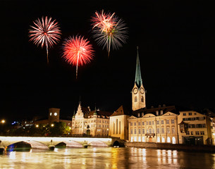 Fototapeta premium The Zurich City Skyline at night with firework illustration