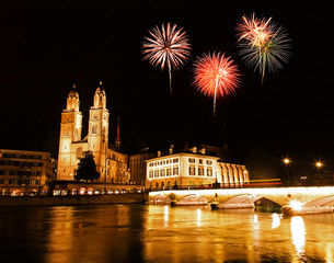 Fototapeta premium The Zurich City Skyline at night with firework illustration