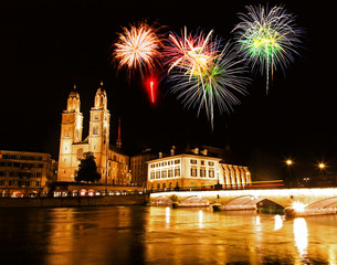 Fototapeta na wymiar The Zurich City Skyline at night with firework illustration