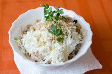 close-up shot of beautifully decorated ham salad and verdure