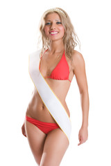 Obraz premium Smiling young curly blonde woman in the red bikini
