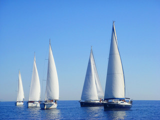 five yachts sail in the sea (regatte) - obrazy, fototapety, plakaty