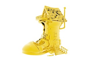 3D illustration of a gold fairy tale shoe house