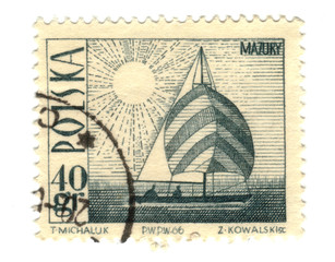 Old polish stamp with boat