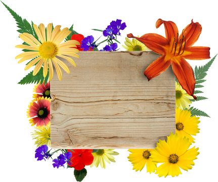 Wood sign framed by isolated flowers.