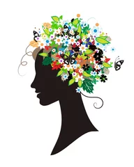 Rolgordijnen Vrouwensilhouet, bloemenkapsel voor uw ontwerp © Kudryashka