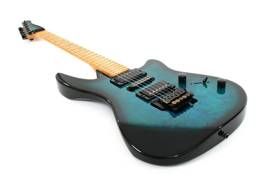 Electric guitar, angle view, on white background.