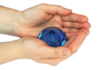a magic blue pyramid in the hands.Crystal, radiative power