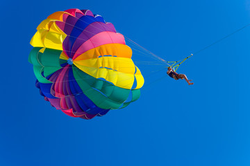 Man is parasailing in the blue sky