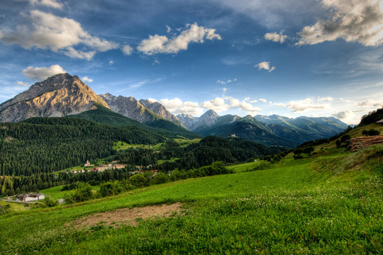 Panoramic view on late afernoon at Scuol, Switzerland.
