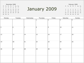 2009 Y. Monthly calendar, previous and next months. From Monday