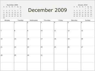 2009 Y. Monthly calendar, previous and next months. From Monday
