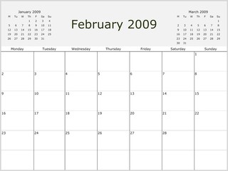 2009 Y. Monthly calendar, previous and next months. From Monday