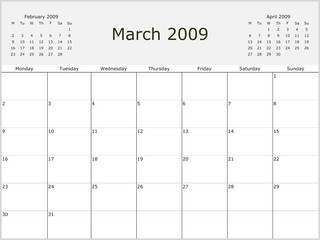 2009 Y. Monthly calendar, previous and next months. From Monday
