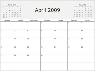 2009 Y. Monthly calendar, previous and next months. From Monday