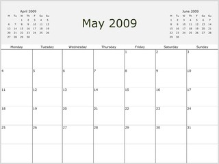 2009 Y. Monthly calendar, previous and next months. From Monday