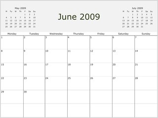 2009 Y. Monthly calendar, previous and next months. From Monday