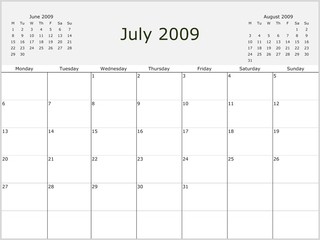 2009 Y. Monthly calendar, previous and next months. From Monday