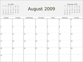 2009 Y. Monthly calendar, previous and next months. From Monday