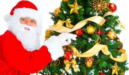 Smiling Santa and Christmas Tree. Over white background.