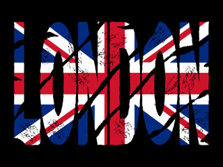 grunge London text with British flag illustration