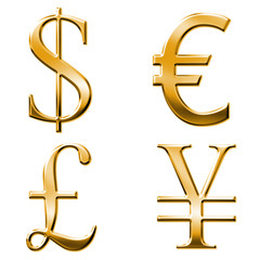 eur, dollar, yen, pound symbols with gold bevel