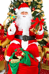 Smiling Santa and Christmas Tree. Over white background.
