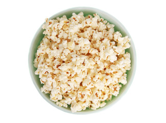 fresh popcorn on green bowl, white background