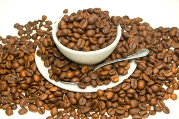 Coffee Cup with Roasted Coffee bean. Isolated on white.