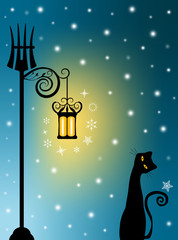 Cat and old Lantern on Snowy Night