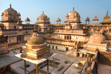 Palace in Orchha at sunset, Madhya Pradesh, India.