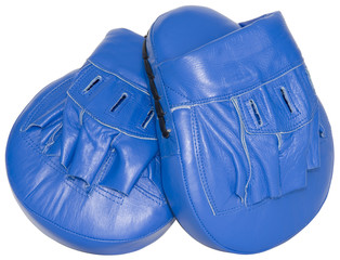 Blue punching focus mitts isolated with clipping path