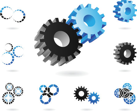 a set of blue and black cogs in 2d and 3d shapes