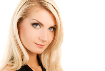 Obraz premium Beautiful woman face smiling. Isolated on white