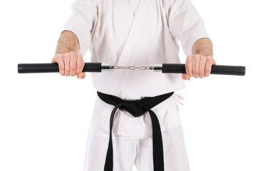 White man doing martial arts on isolated background