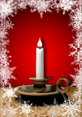 candle and snowflakes on red background