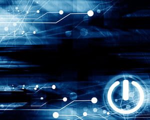 computer circuit and power button on a blue background