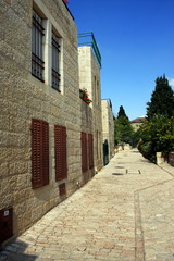 Cobblestone path alongside a row of historic houses