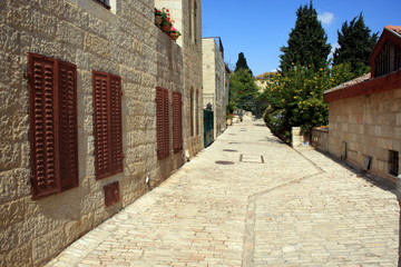 Cobblestone path alongside a row of historic houses